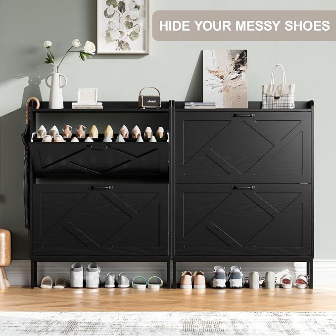 Shoe Storage Cabinet with 2 Flip Drawers, Entryway Cabinet, Black | Slim Shoe Cabinet with Metal Legs, Narrow Farmhouse Shoe Organizer for Entryway, Foyer, Hallway, Wood Shoe Rack with Hook