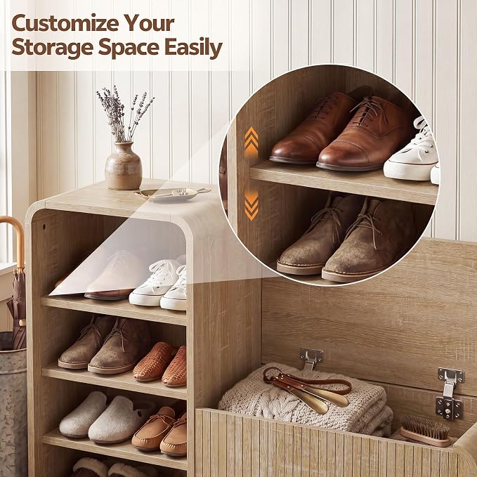 L-Shaped Shoe Storage Bench with Lift Top Box & Shelf, Natural | Durable Wood Cabinet With Hidden Storage For Entryway, Hallway, Apartment