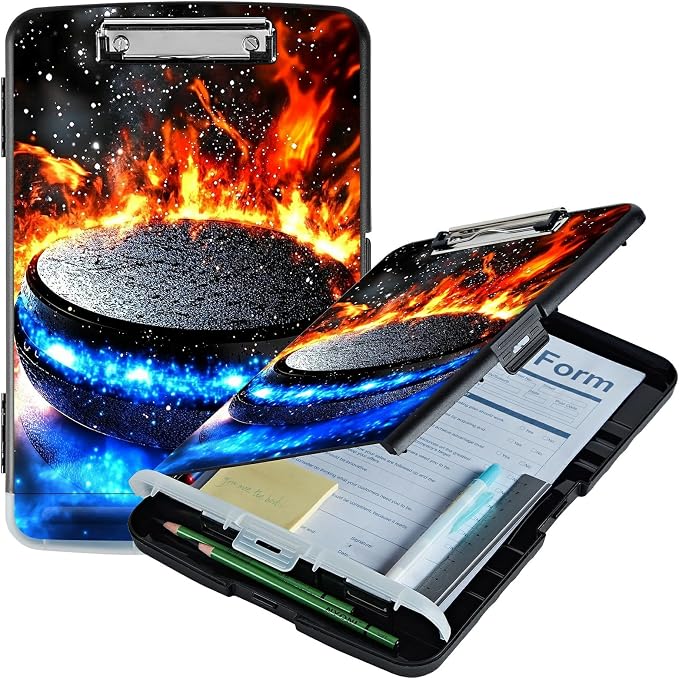 A4 Clipboard with Storage Pen Holder, Clipboards Organizer Nursing Clipboard Foldable File Folder Plastic Clipboard Folio Clip Board for Office Work Classroom Doctor, Blue Red Flames