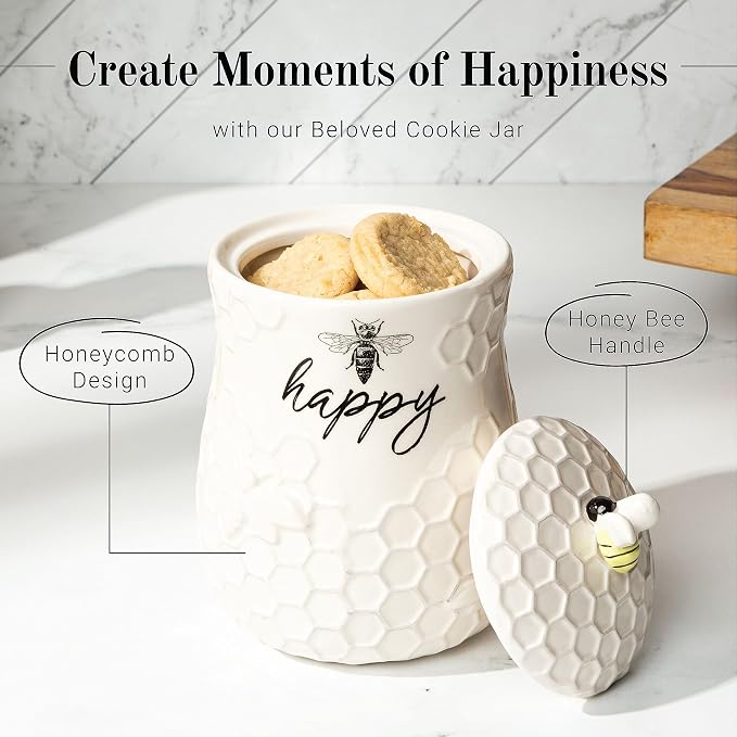 Young's Inc. Ceramic Honey Bee Cookie Jar with Lid and Handle – Honeycomb Design, 5.75" x 5.83" x 7.87", Decorative and Functional Kitchen Storage - Tea Canister