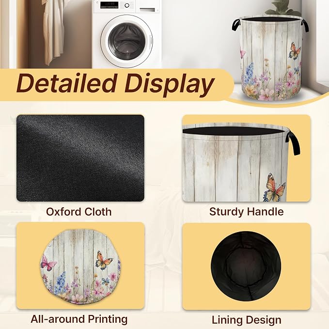 Collapsible Laundry Basket,Rustic Floral Waterproof Oxford Cloth Hamper with Handles,Butterfly Garden 16 x 20.8 Inch Portable Storage Organizer for Laundry Room Bedroom
