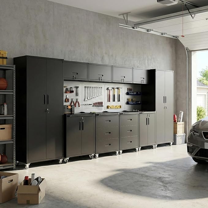 10-Piece Heavy Duty Steel Garage Cabinet System | All-in-One Modular Garage Cabinet Set for Ultimate Workshop Organization | Easy Assembly Garage Storage Cabinets & Tool Bench (Black)