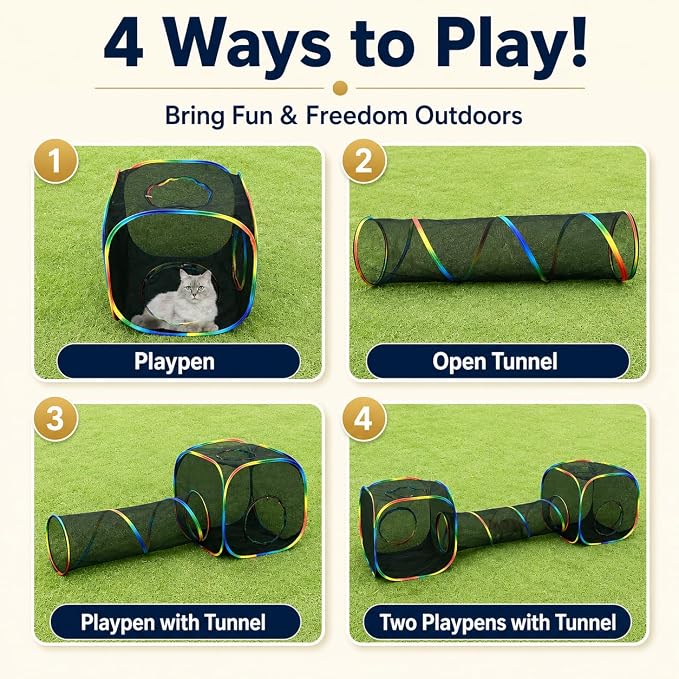 Outdoor Rainbow Cat Enclosures Playground,Outside House for Indoor Cats Include Portable Tent, 2 Way with 2 Cube Tunnel, for Kitty and Small Animals,Within Storage Bag