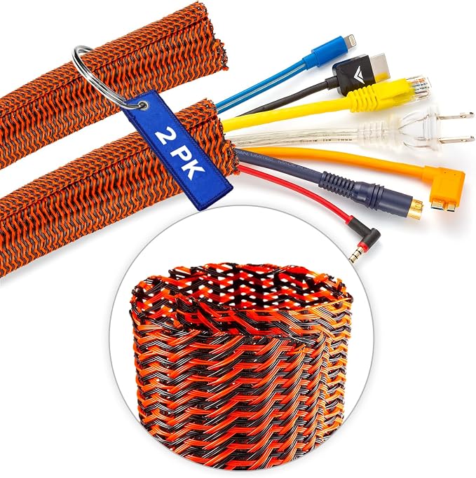 Maximm Cable Management Wire Loom 10ft 1/2 Inch Black and Orange Split Cord Protector 2 Pack