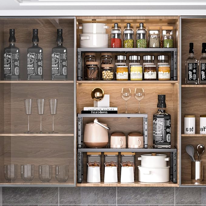 Expandable Adjustable Stackable Kitchen Organizer,Pantry Storage Shelves Racks,for cabinets Shelf, Kitchens, countertops, bathrooms,RV(1Pack/Black,Medium)