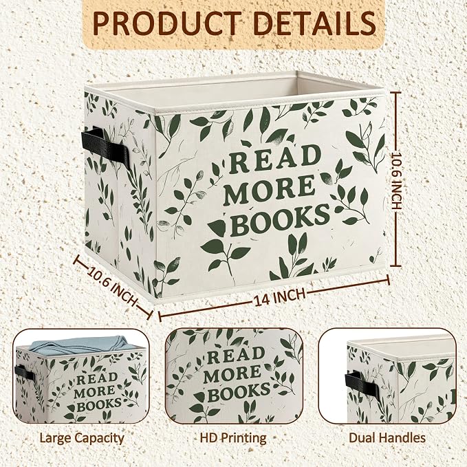 Vintage Botanical Book Foldable Storage Bins Box with Handles, Book Lover Gifts, Read More Books Decorative Storage Boxes Baskets Toybox Organizer for Library Reading Room Kids Room Bedroom