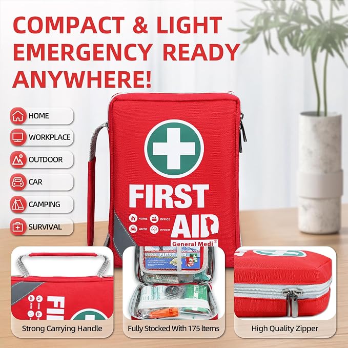General Medi First Aid Kit - Small Compact First Aid Kit Bag(175 Piece) - Reflective Bag Design- Includes Instant Cold Pack, Emergency Blanket for Travel, Home, Office, Vehicle,Camping
