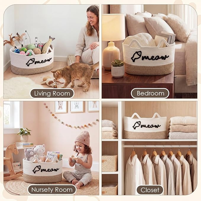 Cat Toy Basket with Cat Ear Handles, 19.5 x 11 x 9 in Woven Cats Toy Bin, Large Two-tone Cotton Rope Storage Box, Meow Words Organizer for Toys, Blankets, Home Decor (White, Linen)