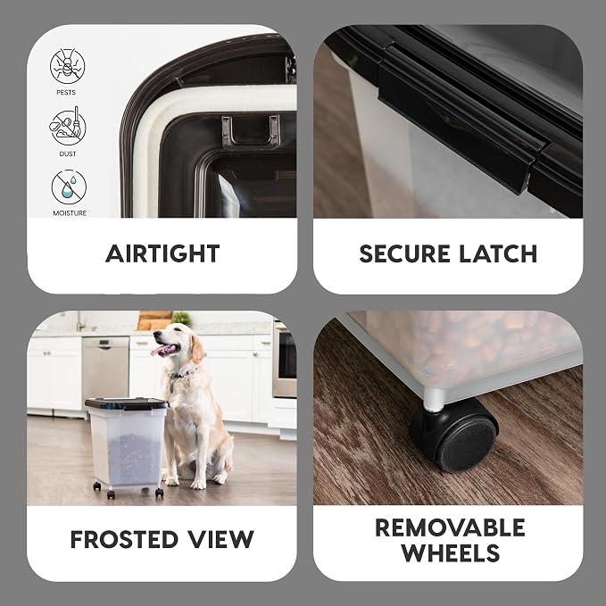 IRIS USA Dog Food Storage Container, Up to 25 lbs, Pearl/Black, Made in USA | Wheels for Mobility, Airtight Seal, BPA-Free, Best for Bird Seed, Cat food, Cat Litter, Chicken Feed, Pellets
