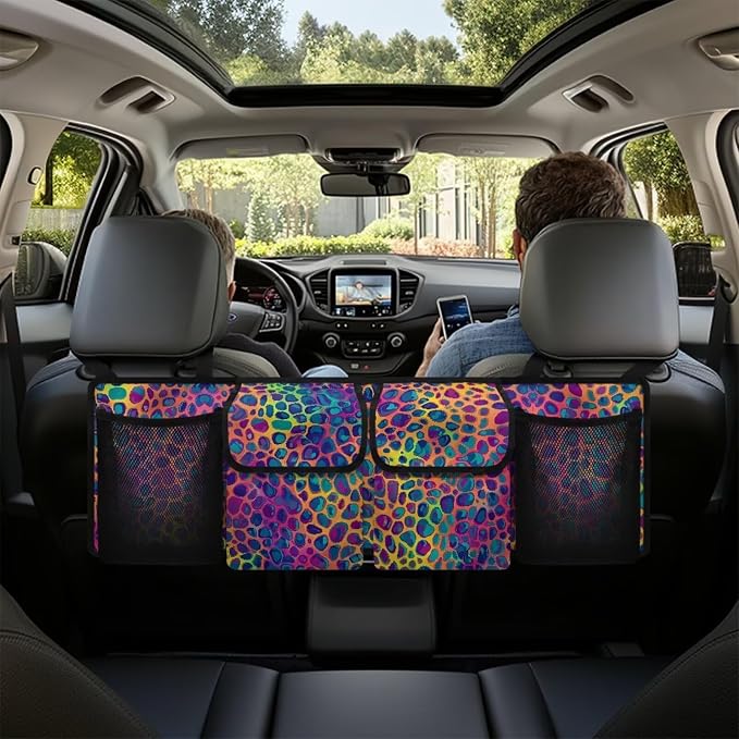 Dreaweet Rainbow Leopard Print Trunk Organizer for Car Women Collapsible Car Trunk Storage Organizer with 4 Pockets Backseat Hanging Organizer for SUV Truck Minivan Auto Accessories Interior