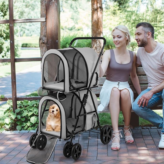 PETSITE Double Dog Stroller, Foldable Pet Stroller for 2 Dogs & Cats Small Medium Sized with Detachable Carrier on Wheels, Ideal for Car Seat Walking Camping Travel (Grey)