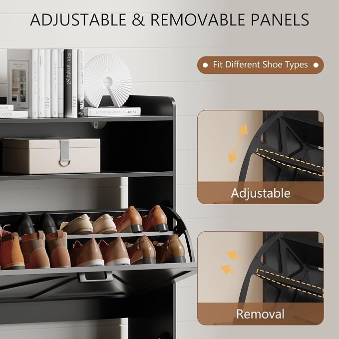Xixini Shoe Storage Cabinet with 2 Flip Drawers, Entryway Shoe Rack, Black | Freestanding Narrow Shoe Storage, Hidden Slim Wood Shoe Organizer, Modern Farmhouse, Open Storage & Hooks for Closet, Hallway