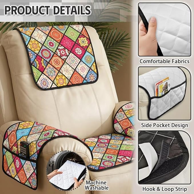 4PCS Quilted Recliner Slipcovers with Arms Mandala Patchwork | Recliner Chair Covers Floral Print Non-Slip Flower Furniture Protector for Armchairs Leather Recliners, Machine Washable