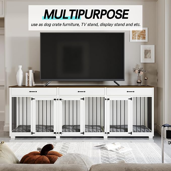 Dog Crate Furniture - Indoor Wooden Dog Kennel Crate Furniture with 2 Dividers, 3 Drawers, and 3 Lockable Doors, 95"x23.6"x31.5"H, White