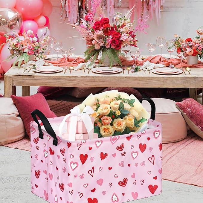 Kid Storage Basket Gift Shelf Basket Toy Storage Bin, Nursery Basket Organizer Box for With Handles for Room Deco Heart Pattern Valentine's Baskets