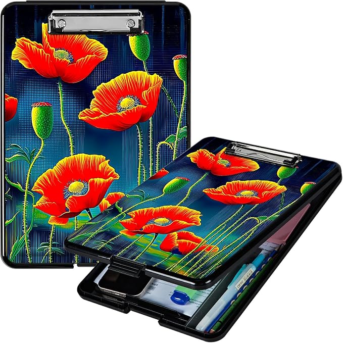 Artistic Red Flower A4 Clipboard with Storage Pen Holder, Clipboards Organizer Nursing Clipboard Foldable File Folder Plastic Clipboard Folio Clip Board for Office Students Classroom Doctor