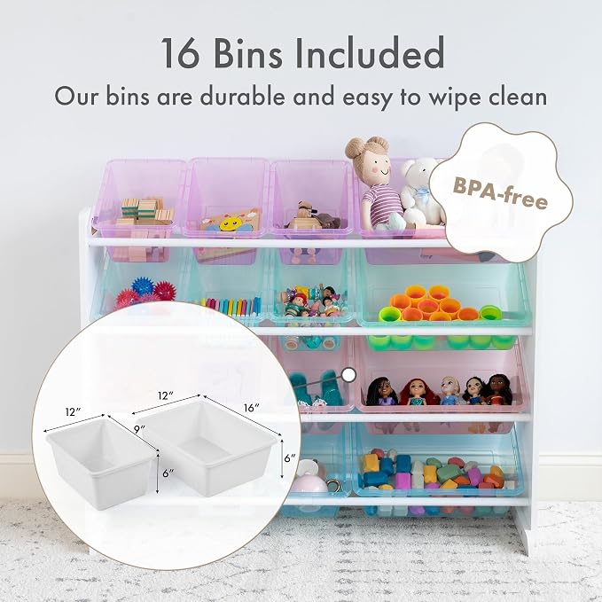 Humble Crew Kids Toy Organizer with 16 Bins, 4 Tier Storage for Playroom | Sturdy wood and steel toddler shelf, removable BPA-free containers, wall anchor anti-tip safety kit for bedroom or classroom