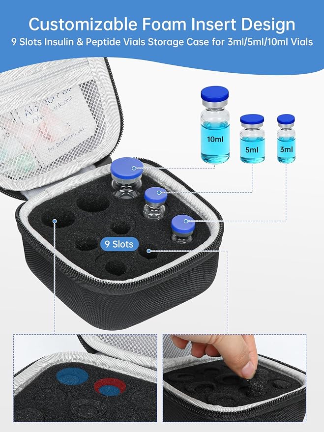 Peptide Case for Fridge - 9 Slots, Insulin & Peptide Vials Storage Case for 3ml 5ml 10ml Vials, Adjustable Travel Safe Organizer, Fit for Diabetics, Weight‑Management (Black)