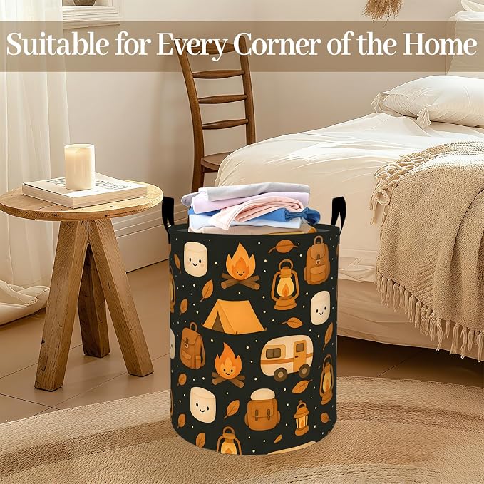 Camping Laundry Basket, Cute Campfire Foldable Oxford Cloth, Waterproof Dirty Clothes Hamper with Handles, Clothing Storage Bin Toy Organizer for Bedroom Dorm Bathroom, 19.7"x15.7"