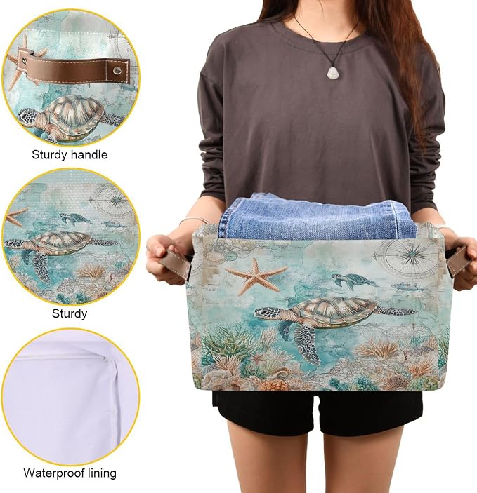 Sea Turtle Storage Basket Fabric Storage Bin Nautical theme Baskets Coastal Starfish Foldable Storage Boxes Organizer Bag for Baby Cloth Dog Toy Book Storage Cubes Shelf Closet Basket 16×12×8 Inches