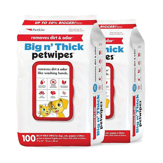 Petkin Pet Wipes for Dogs & Cats - 200 Large Wipes - Removes Dirt & Odor - Cleans Ears, Face, Butt, Eye Area - Convenient for Home or Travel - 2 Packs.