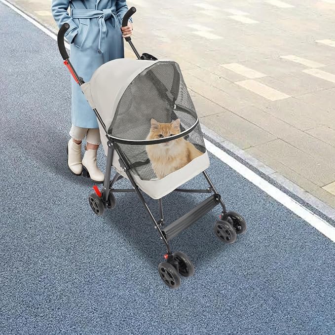 2 Wheels Pet Stroller, Foldable Pet Strolling Cart with Storage Basket and Cup Holder, Puppy Kitty Stroller with Weather Cover, Travel Gear for Medium Small Dogs and Cats Under 22lbs (Gray)