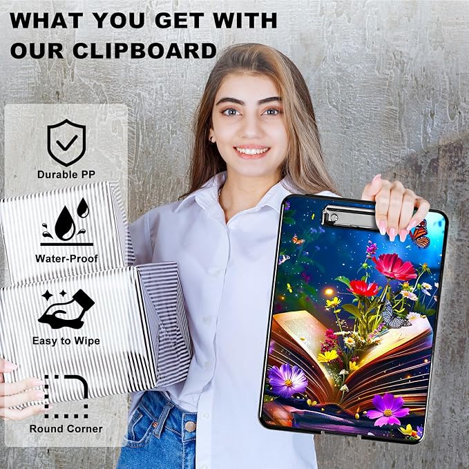 Book Flower A4 Clipboard with Storage Pen Holder, Clipboards Organizer Nursing Clipboard Foldable File Folder Plastic Clipboard Folio Clip Board for Office Students Classroom Doctor