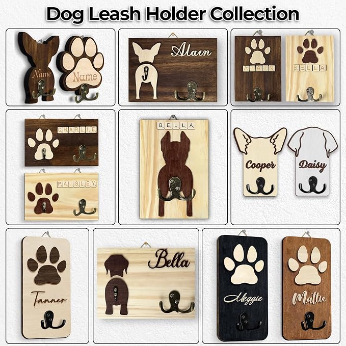 Doberman Dog Leash Holder Wall Mount with Scrabble Letters, Wooden Dog Wall Hook Organizer, Pet Collar and Harness Holder Entryway, Key Hook and Leash Rack, Gift for Pet Lovers, Home Decor PF297-33