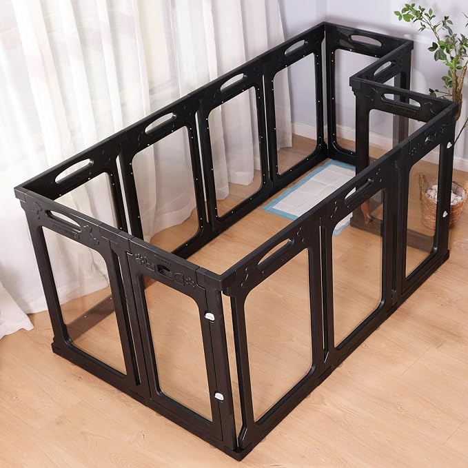 Clear Acrylic Indoor Dog Playpen, 24" H, 2 Panels, Black | Open View, Modern Home Fit, No Climbing Bars, Tool-Free Setup, For Puppies & Small Dogs