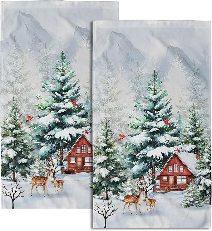 Giwawa Winter Deer Hand Towels Set of 2 Watercolor Pine Trees Red Birds Holiday Towel Xmas Elk Moose Snow Cottage Lodge Face Towel Quick Drying Dish Wash Cloth for Hotel Bathroom Gym