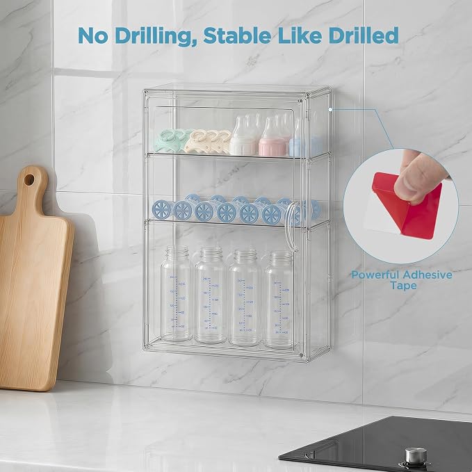 HBlife Baby Bottle Storage Organizer for Countertop Cabinet, 3 Tiers Adjustable Clear Acrylic Bottles Storage Station Case Box Container with 2 Removable Dividers and Magnetic Door, Medium