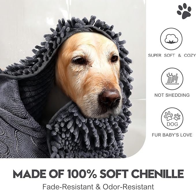 Newwiee 4 Pcs Large Dog Towels for Drying Dogs with Hand Pocket Microfiber Shammy Towel 32 x 14 in Dog Bath Towel Absorbent, Quick Drying, Machine Washable for Pet Puppy Clean Shower Supplies(Grey)