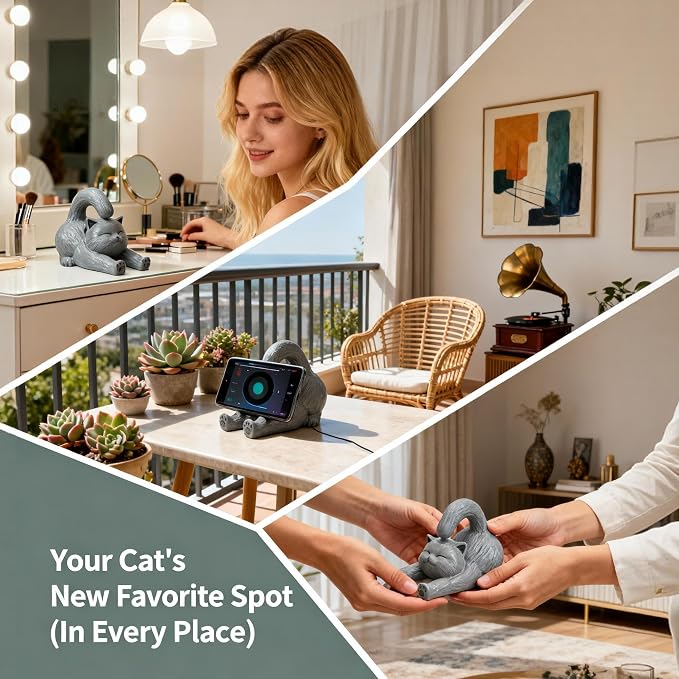 Cute Gray Feline Phone Stand for Desk, Stable Cell Phone & iPad Holder, Charming Desk Accessories for Cat Enthusiasts, Graduation for Women Teens Pet Owners