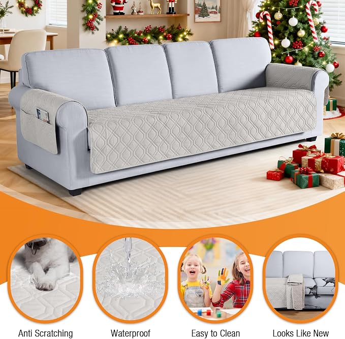 VANSOFY Waterproof Oversized Couch Cover for Pets, Off White, 78.7" | Non-Slip, Washable, Utility Pockets, Pet Friendly, Furniture Protector Slipcover for 4 Cushion Couch