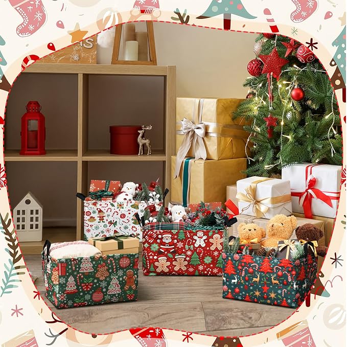 4pcs Christmas Storage Basket Fabric Laundry Baskets with Handle Xmas Foldable Organizer Boxes for Office Home Baby Cloth Toy Book 15 x 10 x 8(Retro)
