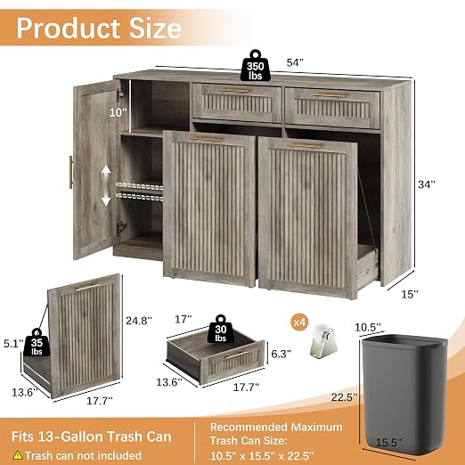 2 X 13 Gallons Double Pull Out Trash Can Cabinet with Storage & Drawers | 54"W Kitchen Trash Cabinet with Adjustable Shelf & Drawer, Hidden Garbage Can Cabinet for for Laundry, Living Room