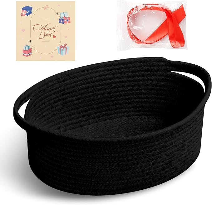 Bufims Small Woven Black Gifts Basket for Storage Empty with Ribbons and Bags Durable Cute Gifts 12"X 8" X 5" Small Rope Basket for Gifting