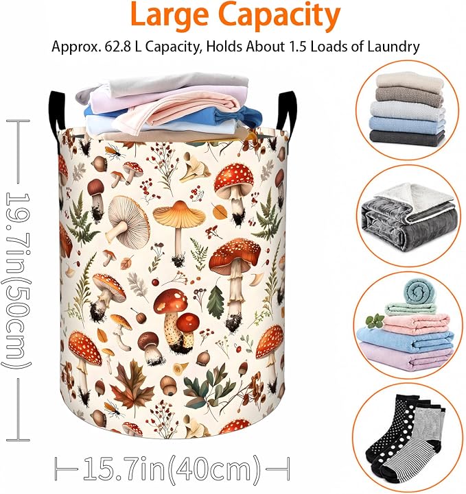Mushroom Laundry Basket, Forest with Fern Botanical Oxford Cloth Dirty Clothes Collapsible Hamper for Room Decor, Woodland Gifts, Toy Organizer 19.7 x 15.7 Inches for Bedroom Bathroom Dorm