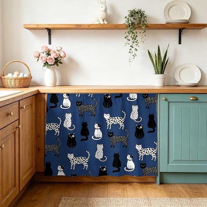 Cat Animal Cabinet Curtain 28"Wx35"L, Dustproof Under Sink Skirt with Self Adhesive Tape, Navy Blue Earthy Tone Vintage Pet Modern Cabinet Curtain Cover for Bathroom Vanity, Kitchen Sink, Laundry Room