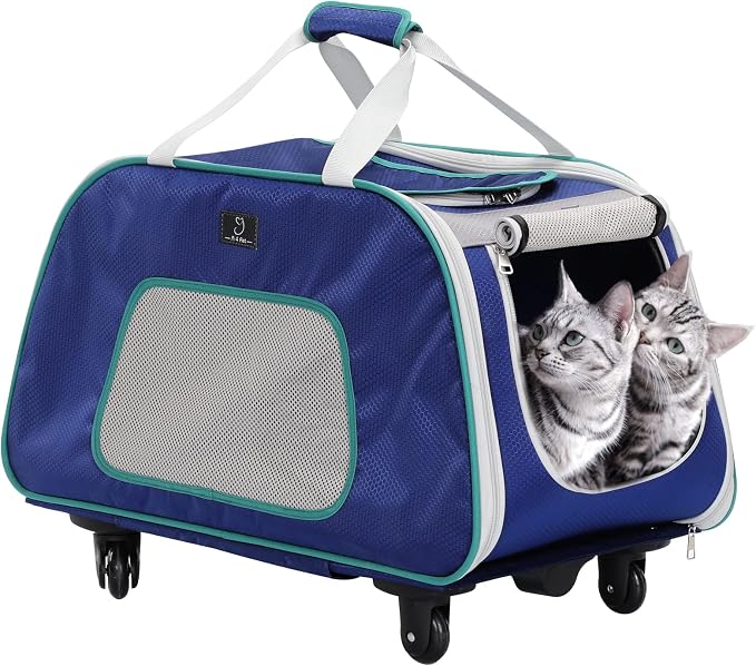 A 4 Pet Foldable Dog Carrier on Wheels, Up to 33 lbs, Navy Blue | Removable base, extendable handle, 4-wheel design, mesh ventilation, safety rope