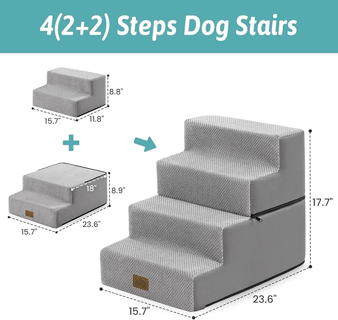 COZY KISS Dog Stairs for Small Dogs, 4 Step Pet Stairs for Beds & Couches | 17.7" H Extra Wider Non-Slip Dog Steps with Removable Tiers & Support Board for Puppies, Older Cats & Dogs, Grey