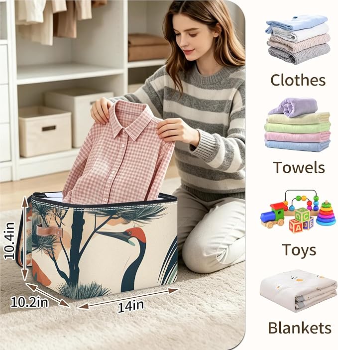 Crane Birds Foldable Storage Bin with Lid Zipper | Closet Shelf Organizer, Boxes, Basket Containers for Home, Lidded Storage Cube for Bedroom, Waterproof, with Handles
