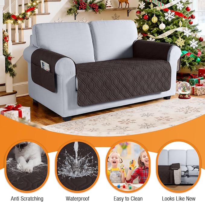 VANSOFY Waterproof Loveseat Couch Cover for Pets, Chocolate, 47.2" | Non-Slip, Washable, Utility Pockets, Pet Friendly, Furniture Protector Slipcover for 2 Cushion Couch