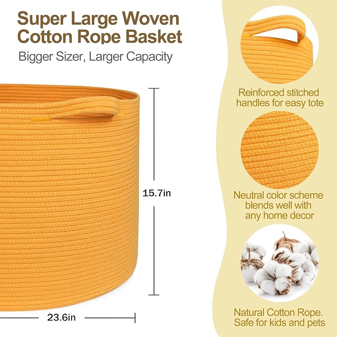Extra Large 115L Orange Basket, 23.6"x15.7" Woven Cotton Rope Bins for Blankets, XXXL Baby Nursery Laundry Towel Basket, Oversized Kids Dog Toy Storage Box, Orange Living Room Decor Organizer