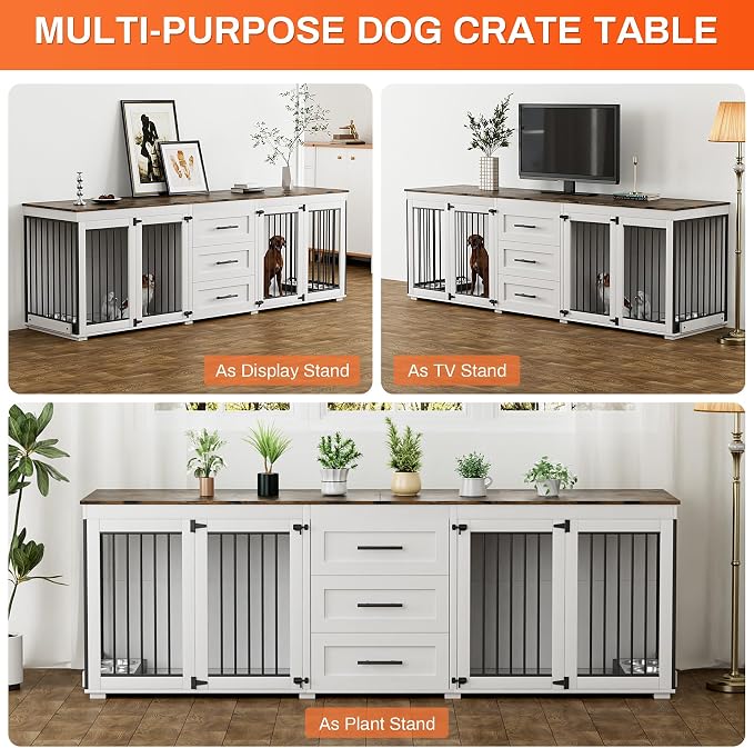Rophefx 94.5" Dog Crate Furniture for 2 Dogs, Wooden Kennel,White Brown | Indoor double dog house with 3 storage drawers, 4 feeding bowls, lockable doors, and a wide top for large and medium dogs