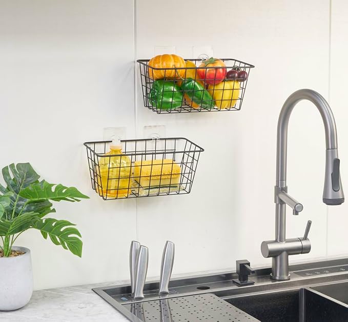 JUNCHU CHERRY 2 Pack Hanging Storage Basket, Bathroom Basket, Household Goods, with Traceless Tape, no Drilling, for Cabinet Storage, Kitchen, Bathroom, Storage Room,Black