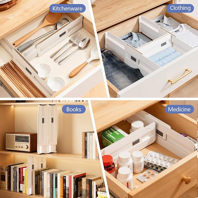 6pcs Drawer Dividers Adjustable 29-45cm, Thickened Hard Plastic Drawer Separators, No Installation Required for Cupboard Kitchen Bedroom