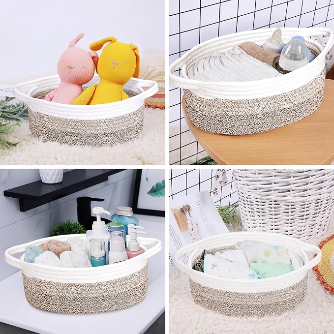 ABenkle Small Basket Empty Gift Basket, Decorative Boho Rope Woven Nursery Storage Organizer Dog Toy Baskets for Baby Showers Christmas Easter with Gift Bags and Ribbons, 12"X 8" X 5"