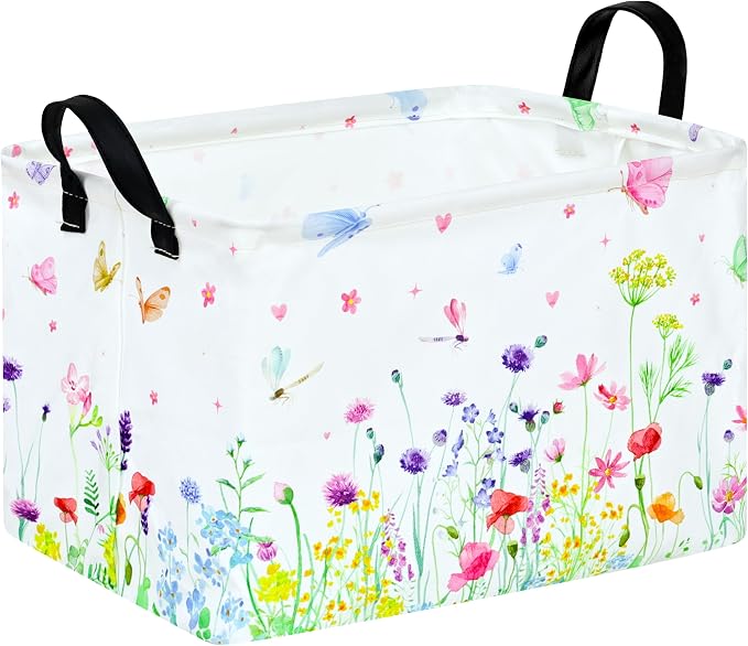Baby Storage Basket Nursery Box Laundry Hamper Organization Bins for Toys and Clothes with Handles (Blue Flower)