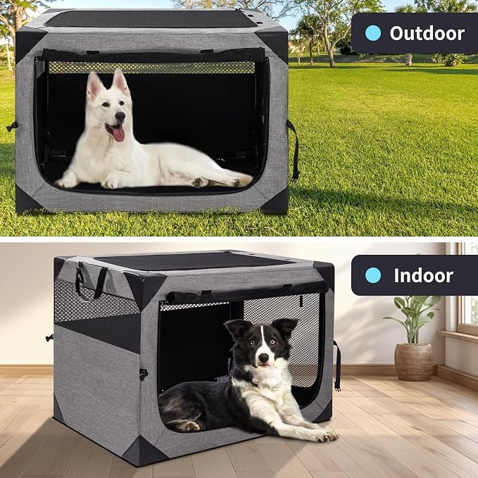Zikopomi 36 Inch Portable Soft Foldable Dog Crate | 3 Zipper Door,Collapsible Soft Pet Kennel, Foldable Dog Cage, for Small and Medium Dogs, Indoor Outdoor Travel, Light Grey